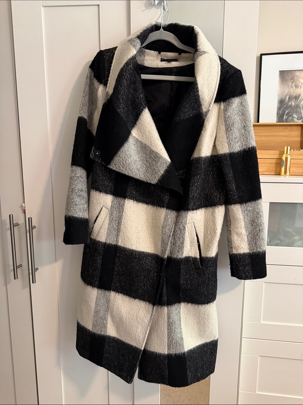 Express Black, White & Gray Plaid Long Trench Coat